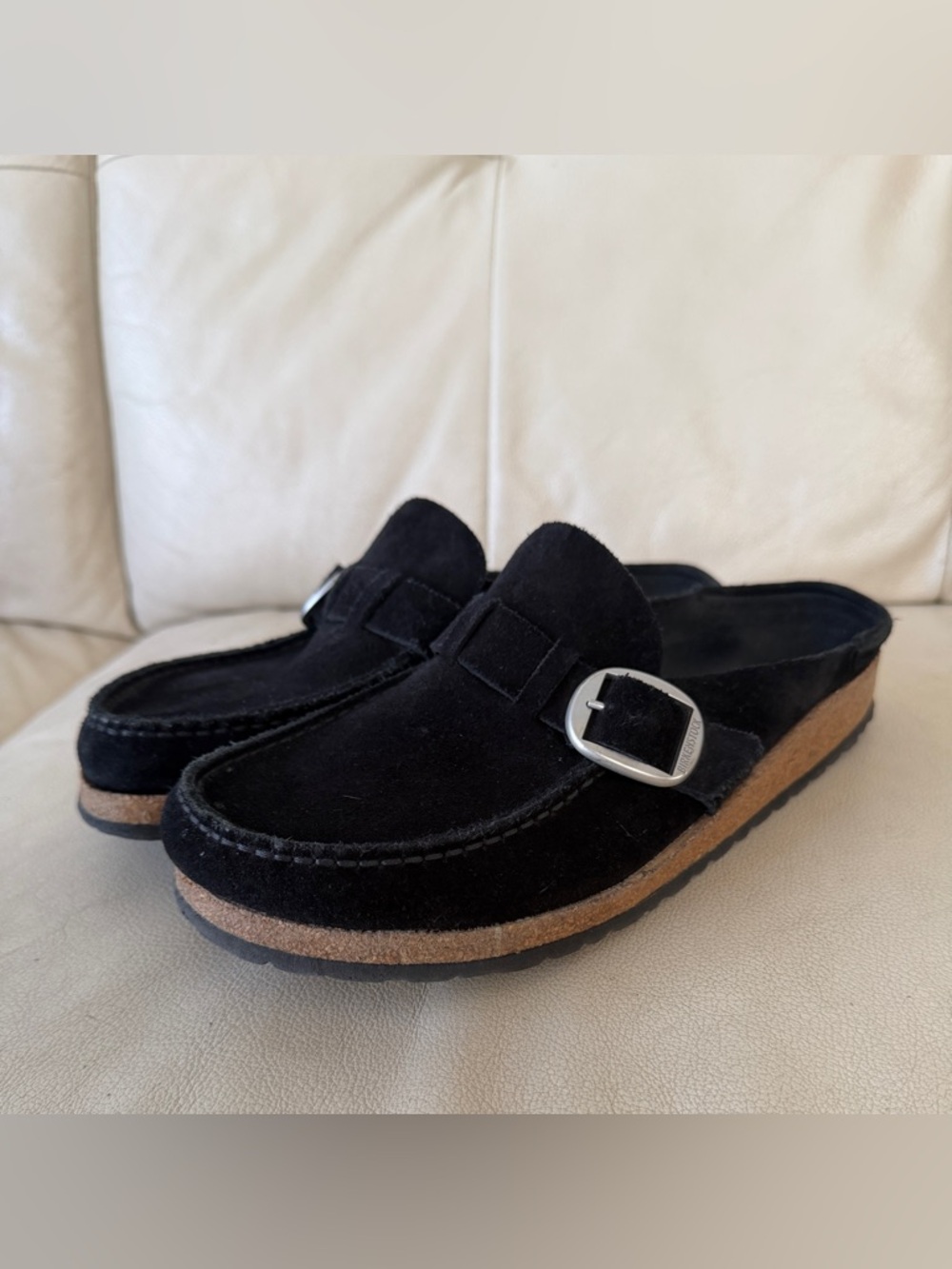 Birkenstock Black Suede Slip-On Mule with Silver Buckle
